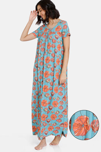 Buy Zivame Blotched Bloom Woven Full Length Nightdress - Pool Blue